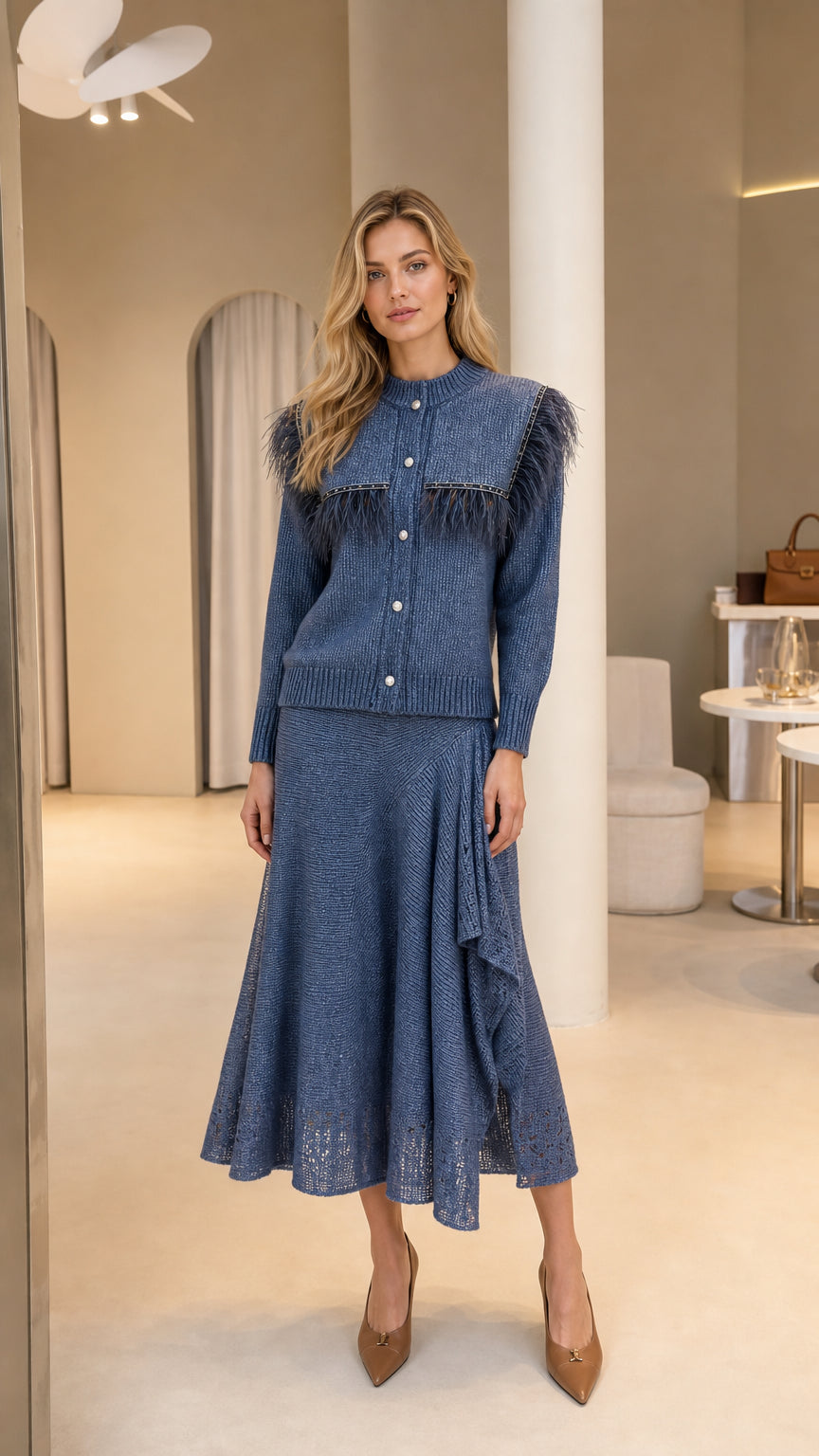 Front full view of woman wearing Slate Blue feather trim knit cardigan and ruffled midi skirt two-piece set