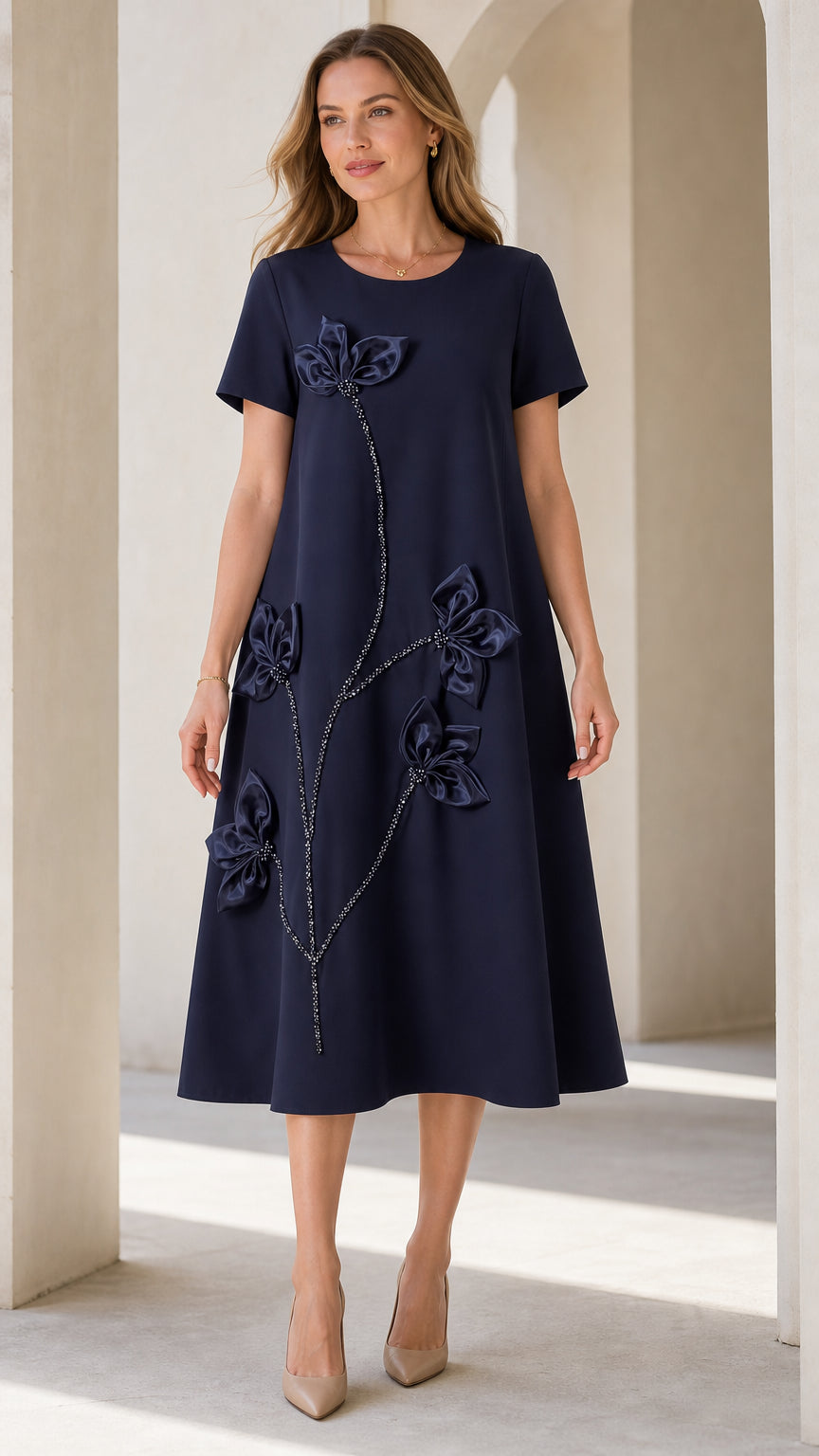 Front view of Navy Blue 3D floral applique short sleeve A-line midi dress