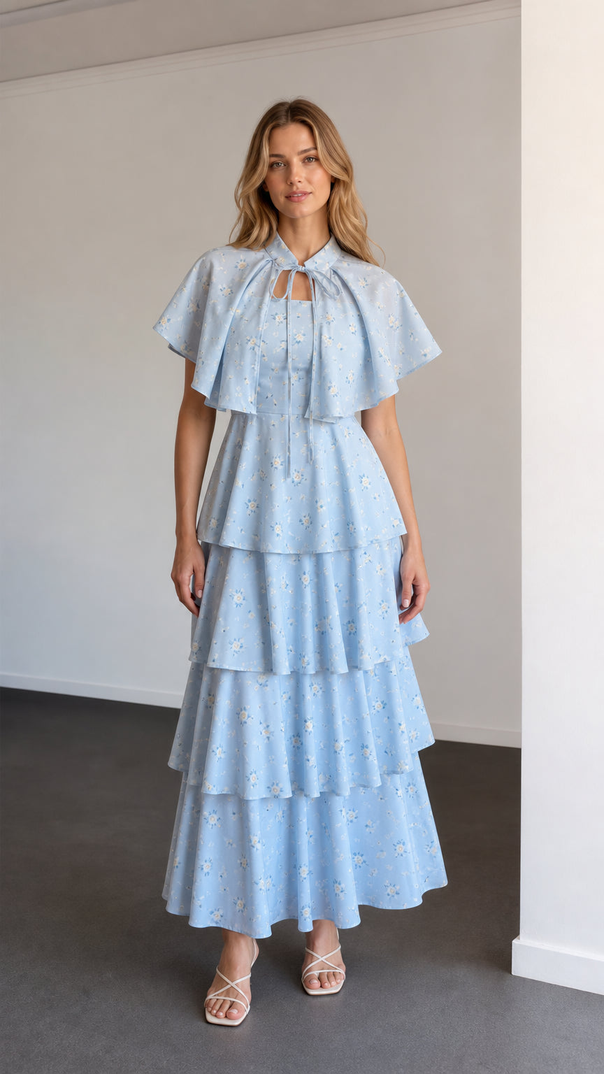 Front full view of woman wearing sky blue floral capelet tiered maxi dress