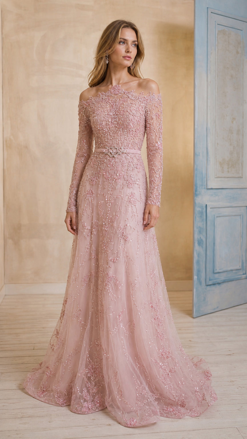 Front view of woman wearing blush pink off-shoulder long sleeve beaded evening gown
