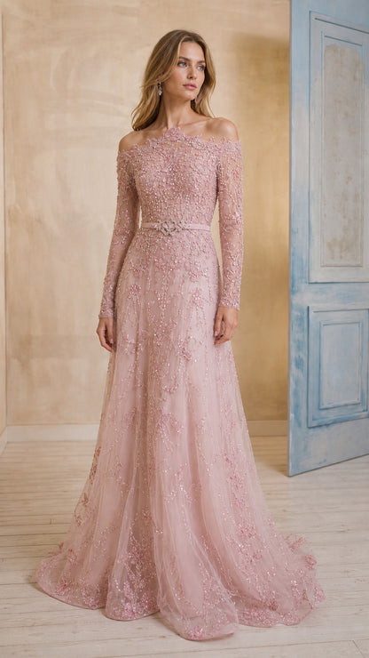 Front view of woman wearing blush pink off-shoulder long sleeve beaded evening gown