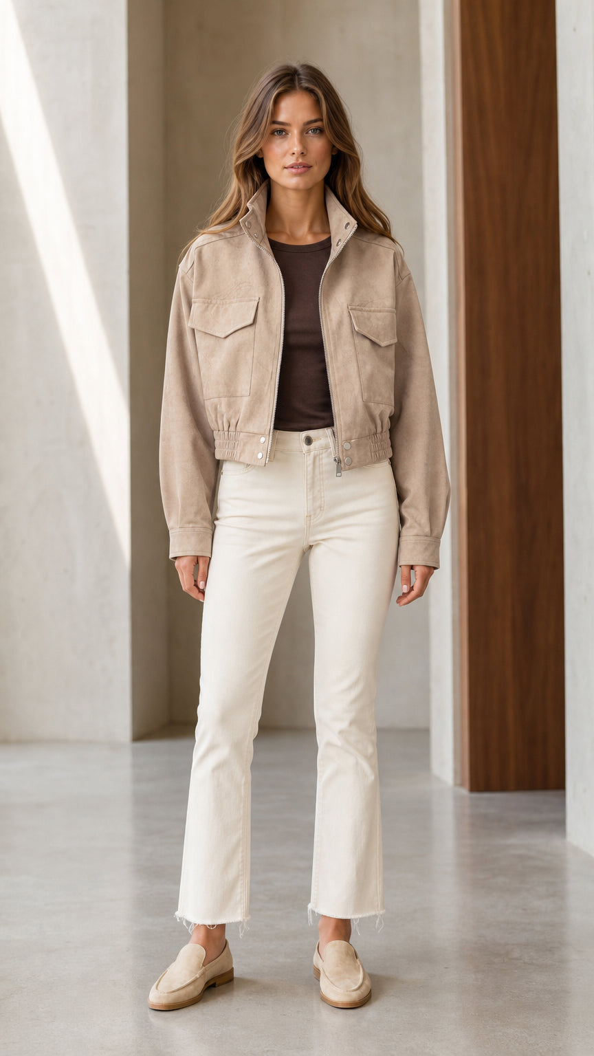 Front full-length view of model wearing Khaki cropped faux suede utility jacket with white pants