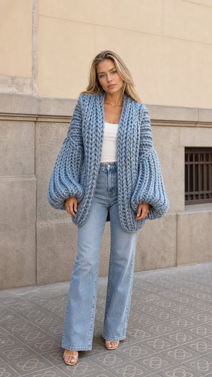 Front view of woman wearing slate blue chunky knit cardigan with balloon sleeves and light wash jeans