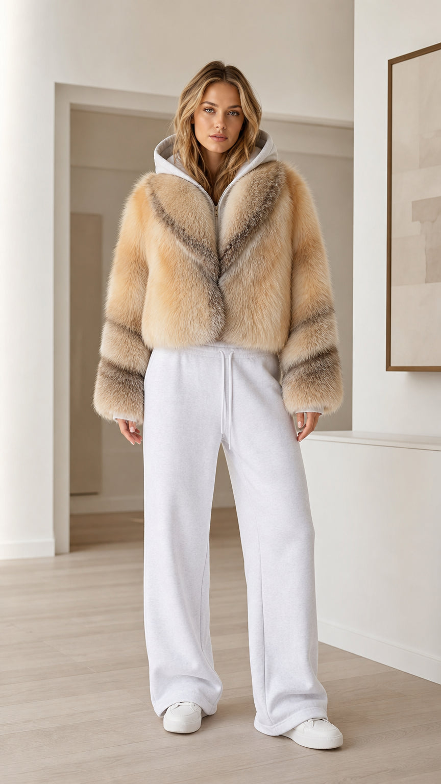 Front view of model wearing camel cropped plush faux fur hooded jacket with white wide-leg sweatpants