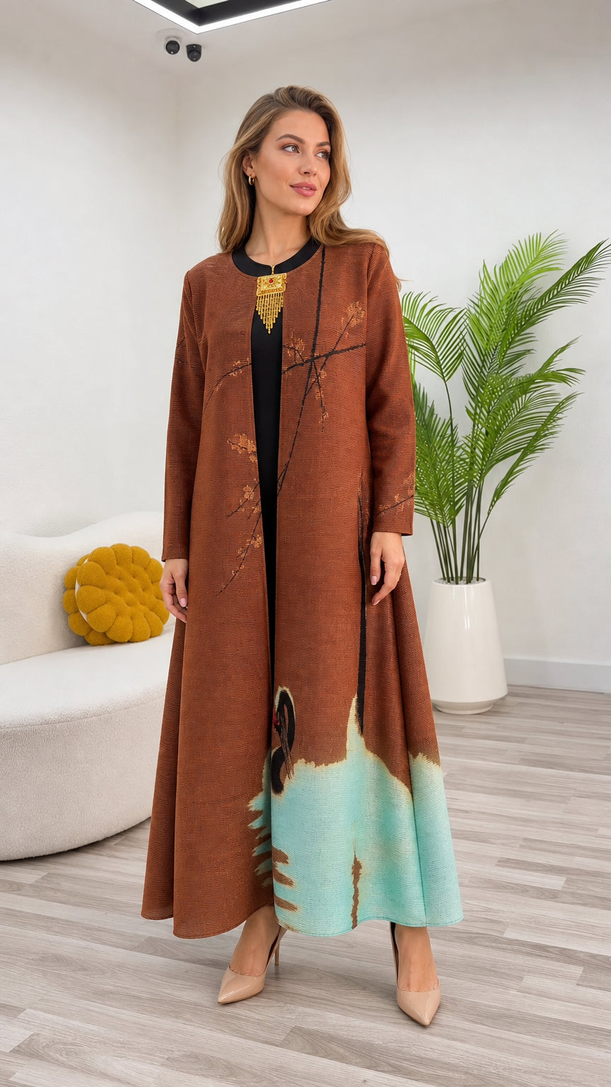 Full-length front view of woman wearing rust brown floral maxi abaya coat with aqua contrast hem