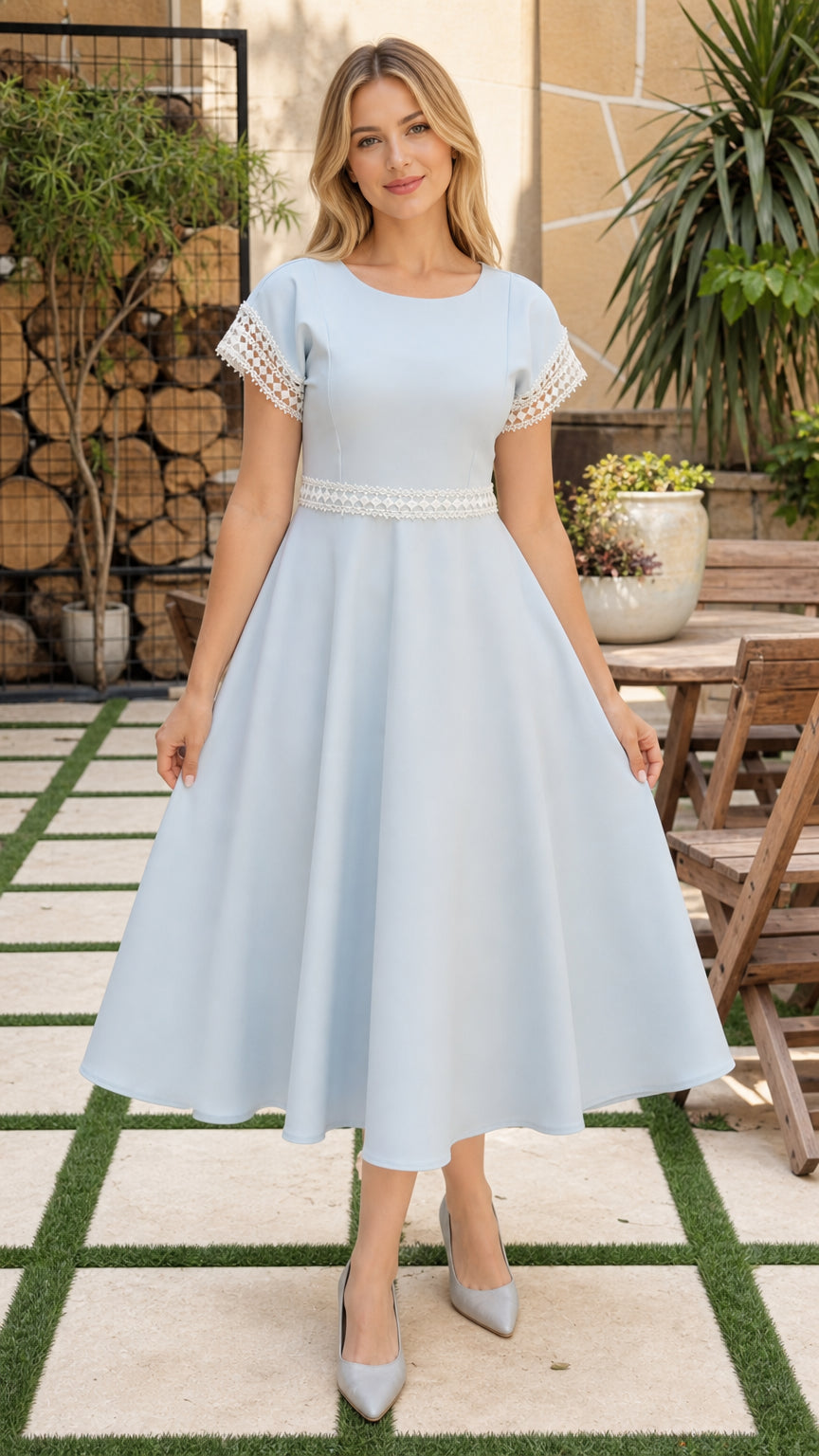 Front full-length view of model wearing baby blue short sleeve crochet trim A-line midi dress
