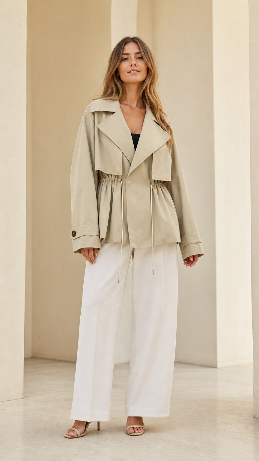 Full front view of model wearing light khaki short trench jacket with cinched drawstring waist and white wide-leg trousers