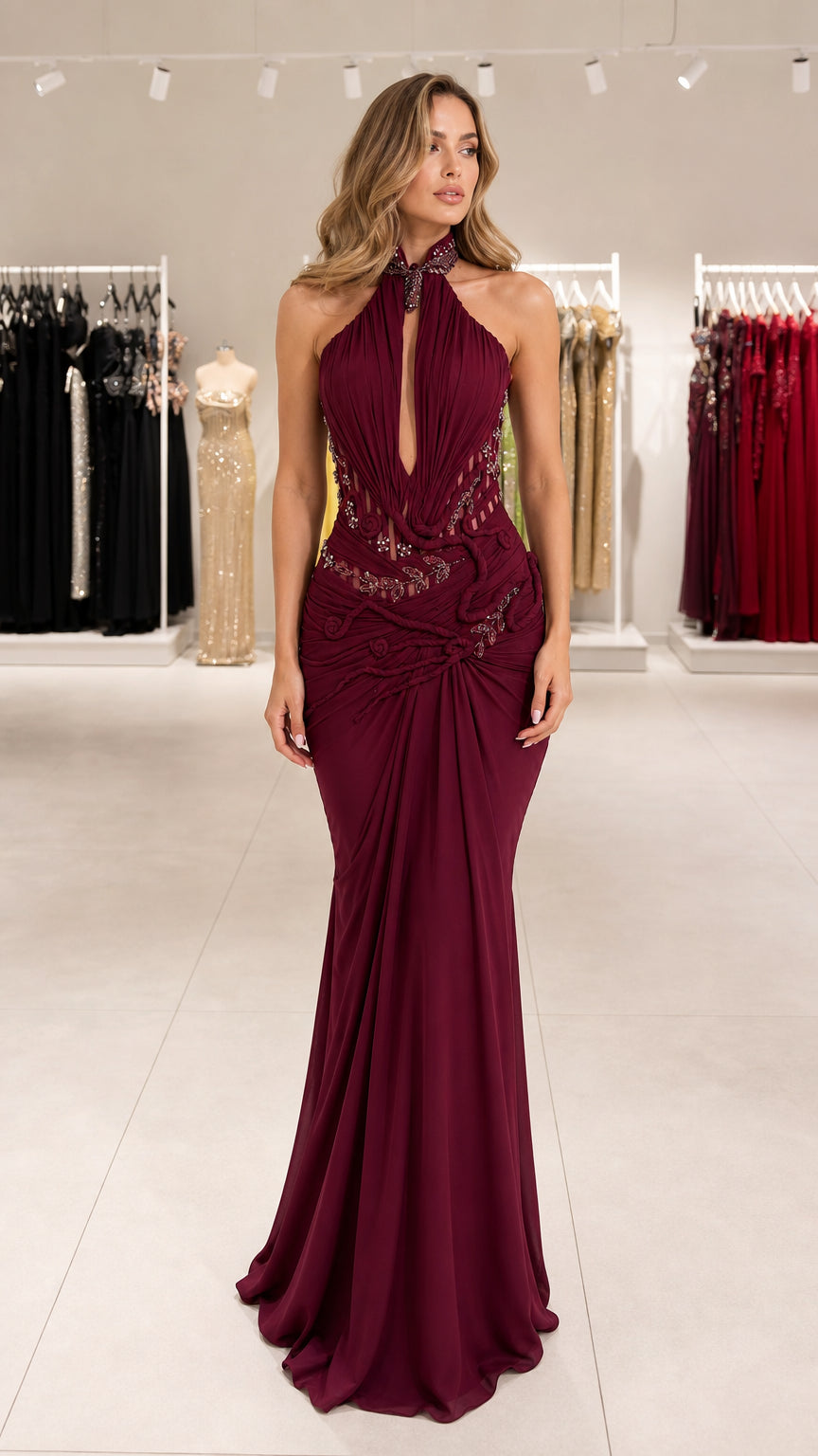 Burgundy halter neck ruched mermaid evening gown front view