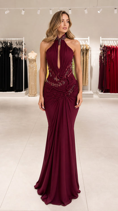 Burgundy halter neck ruched mermaid evening gown front view