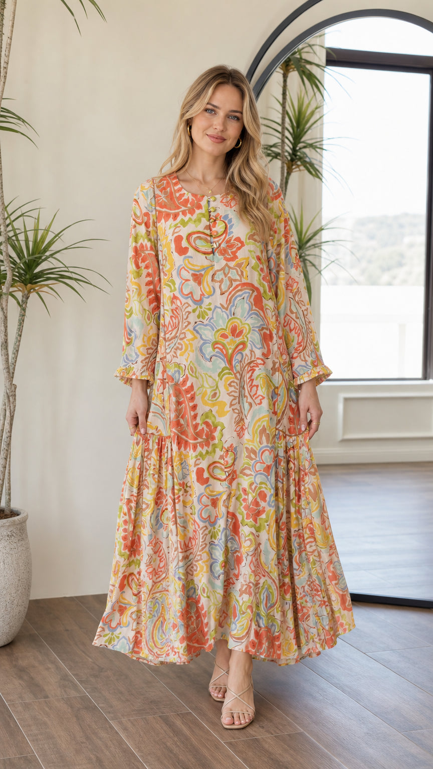 Front full view of woman wearing yellow multi paisley tiered maxi dress