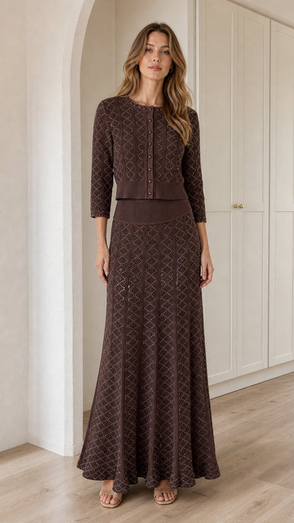 Front view of model wearing Chocolate Brown pointelle knit cardigan and maxi skirt set