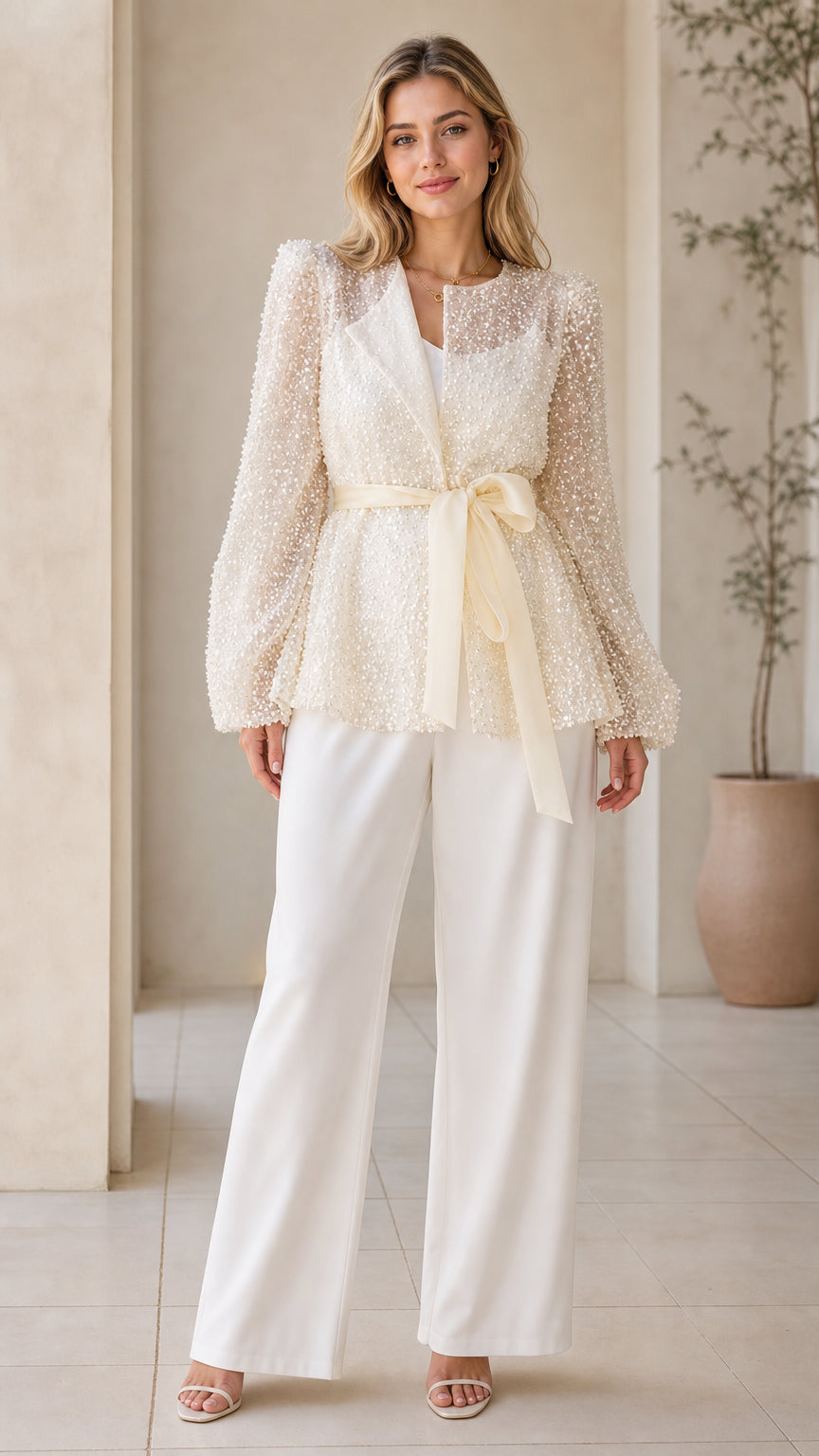 Front full view of woman wearing champagne sequin belted evening jacket with white wide-leg trousers