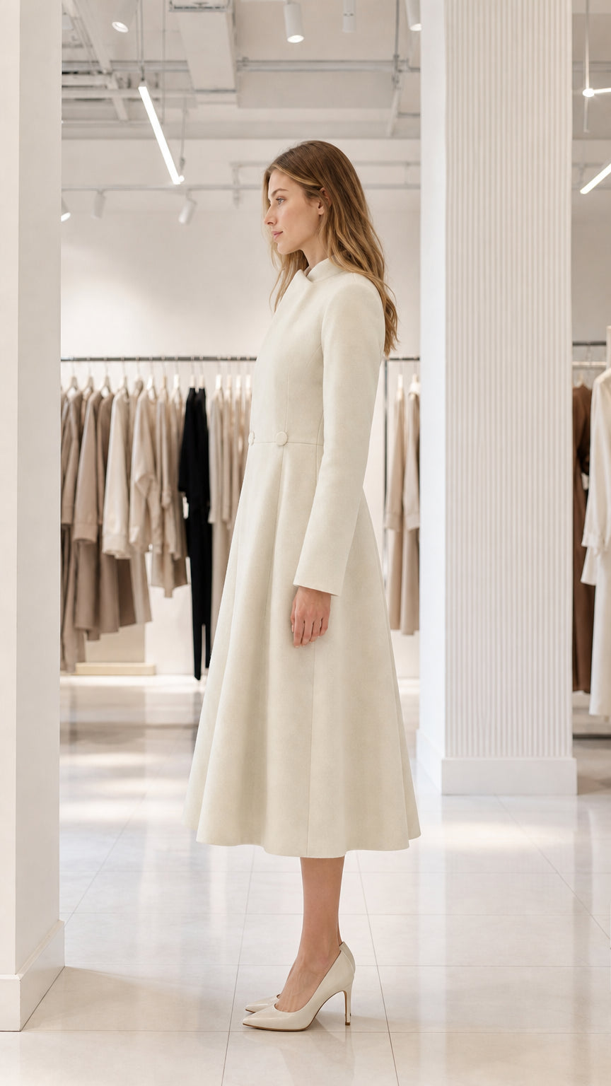 Cream vintage swing dress coat side profile view on model