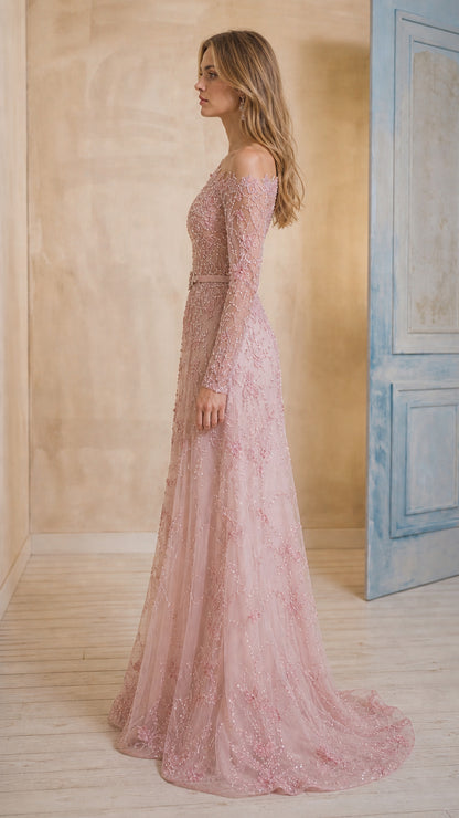 Side profile view of blush pink A-line formal gown with sequin embroidery