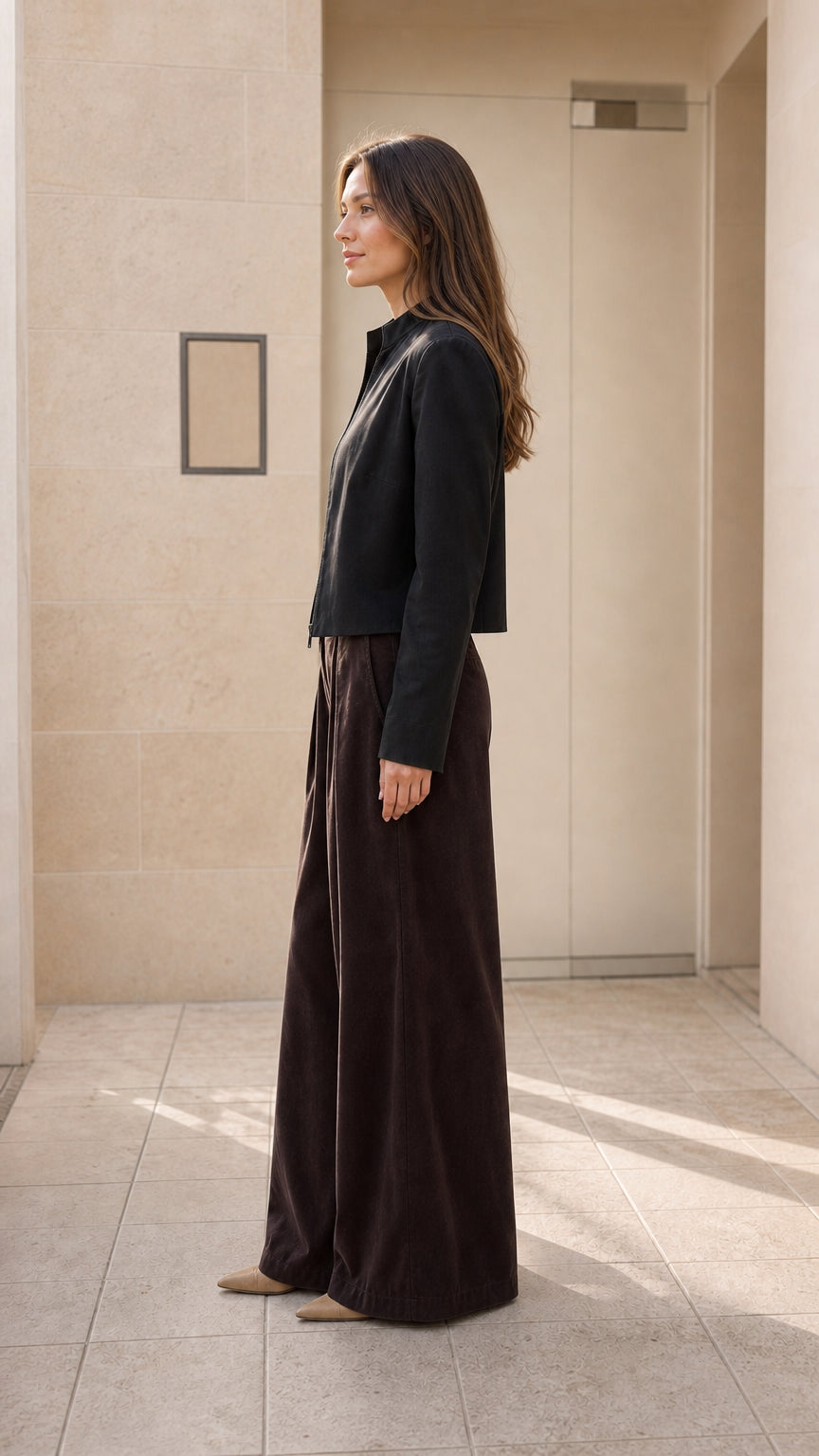 Side profile view of model wearing black cropped stand collar jacket