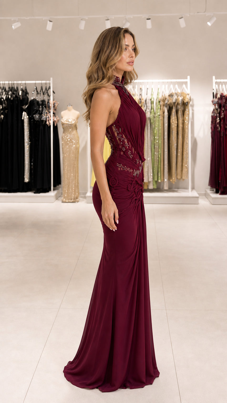 Burgundy backless formal dress side profile