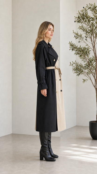 Side profile of woman modeling the Black and Khaki two-tone belted long trench coat