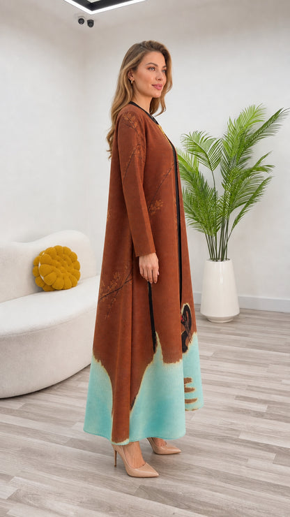 Three-quarter side view of rust brown modest maxi coat dress