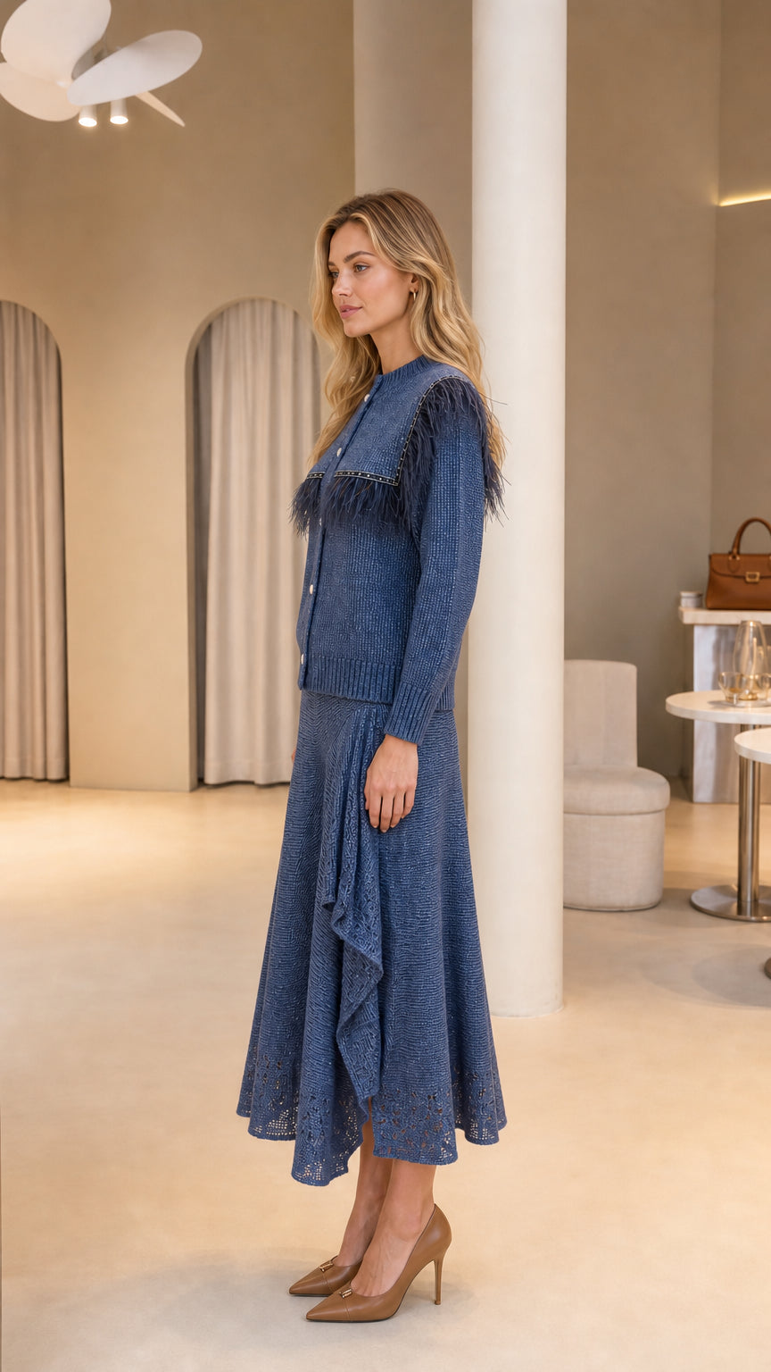 Side full view of woman wearing Slate Blue two-piece knit skirt set