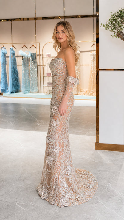 Side profile view of nude beaded mermaid gown