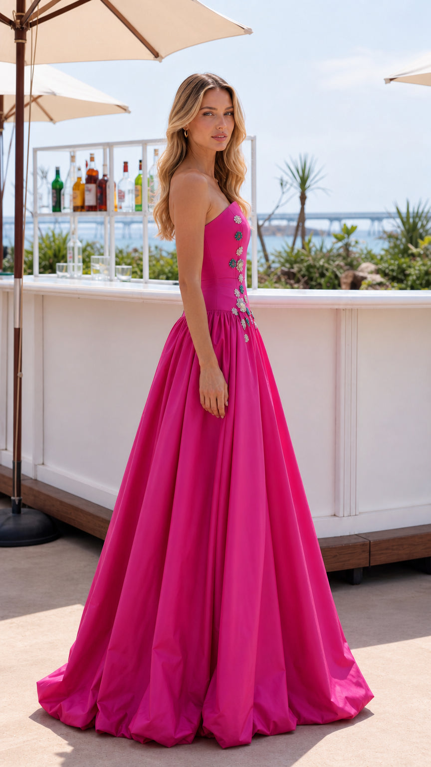 Side view of Hot Pink strapless formal A-line ball gown