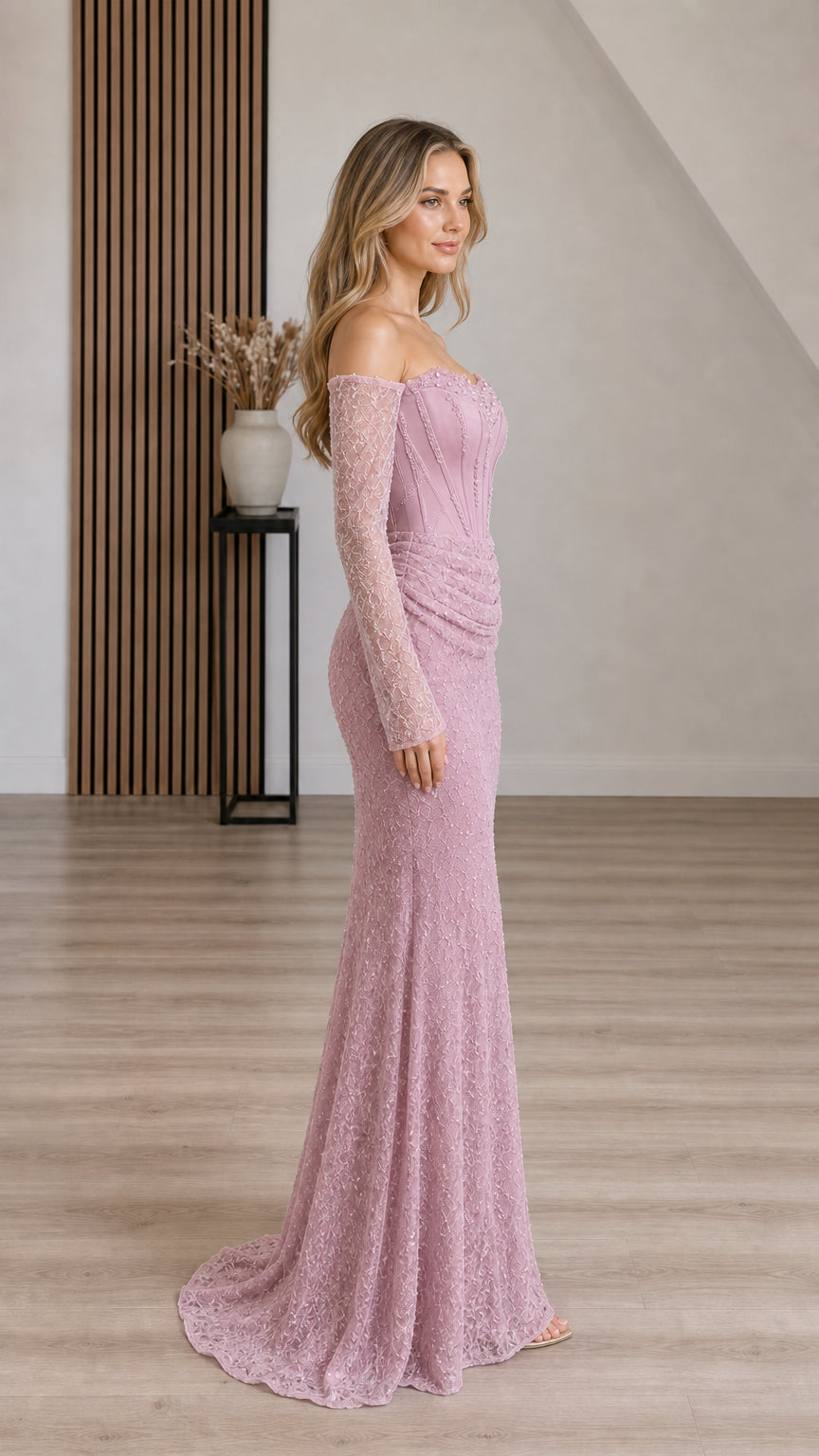 Side angle view of woman wearing Dusty Mauve off-the-shoulder corset formal maxi dress
