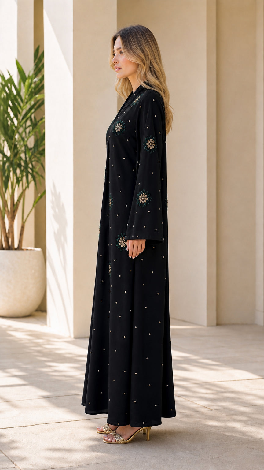 Side profile view of black embellished maxi dress showing fluid floor-length cut