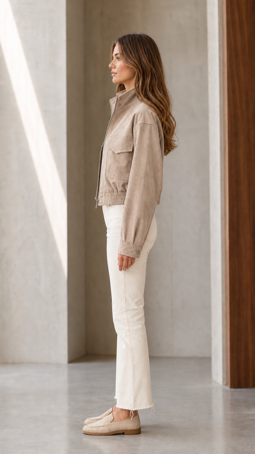 Side profile view of model wearing Khaki cropped utility jacket and flared trousers