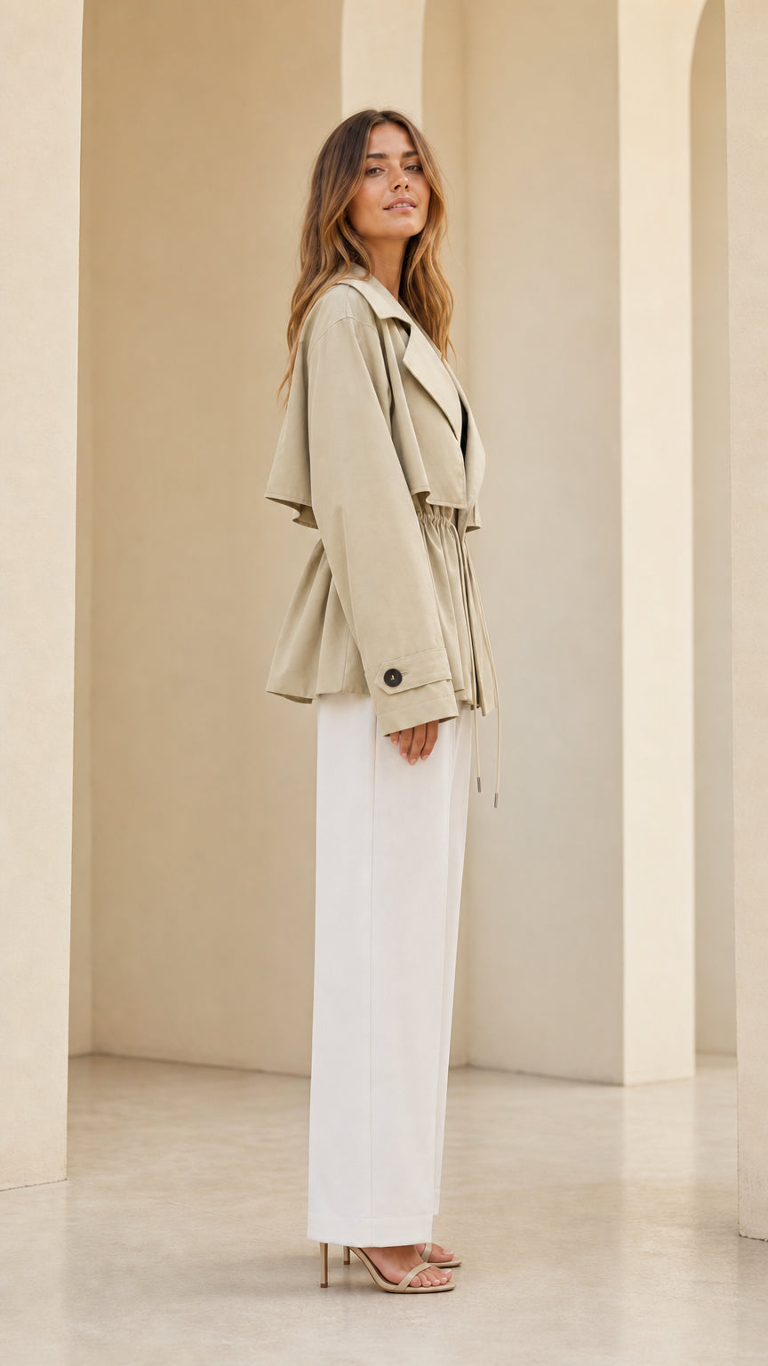 Side profile view of model wearing light khaki cropped trench jacket