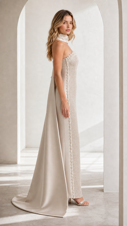 Side profile view of Champagne beaded gown showing overskirt silhouette