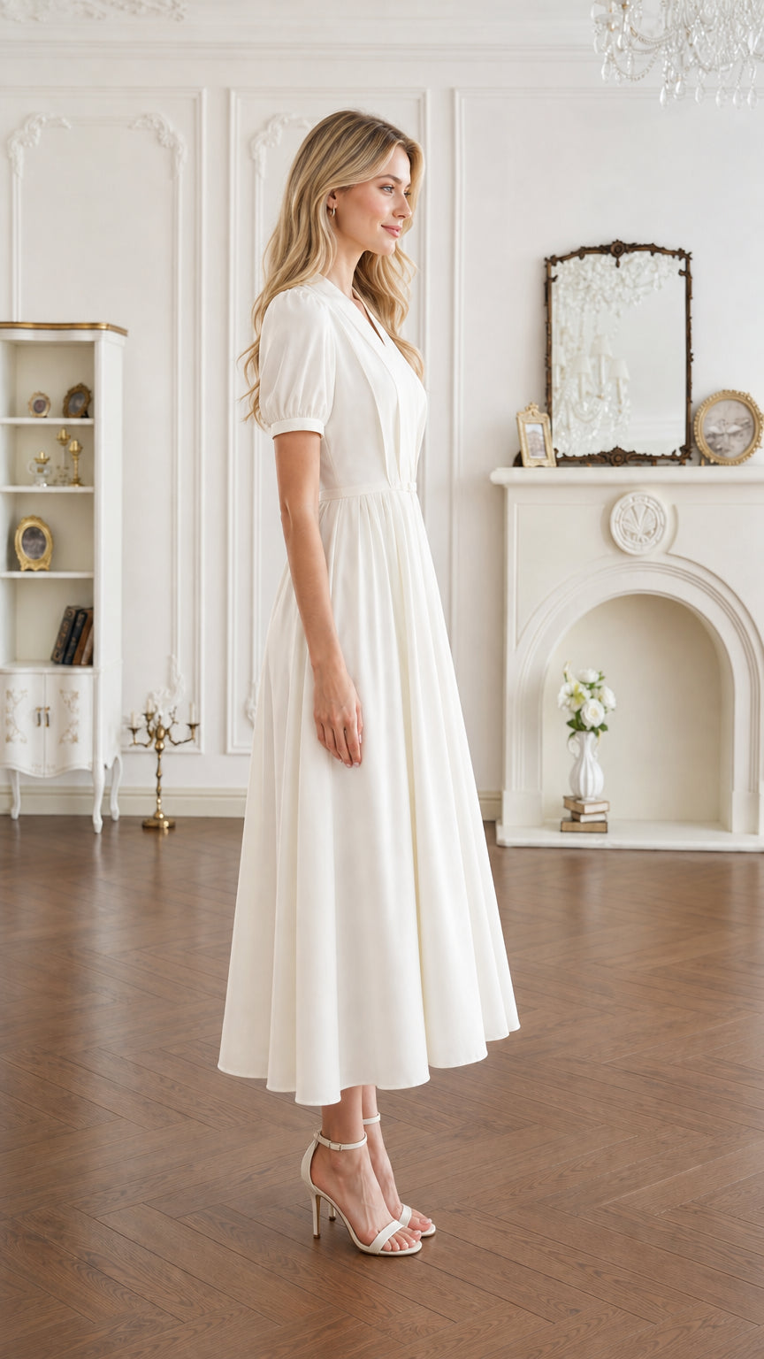 Side profile view of ivory short sleeve pleated midi dress