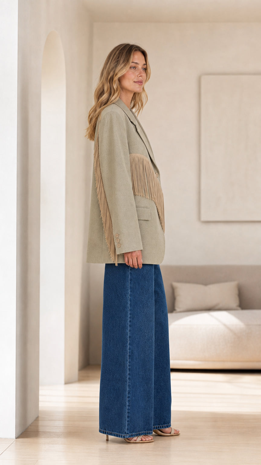 Side profile view of Sage Green fringe tailored blazer showing sleeve and trim detail