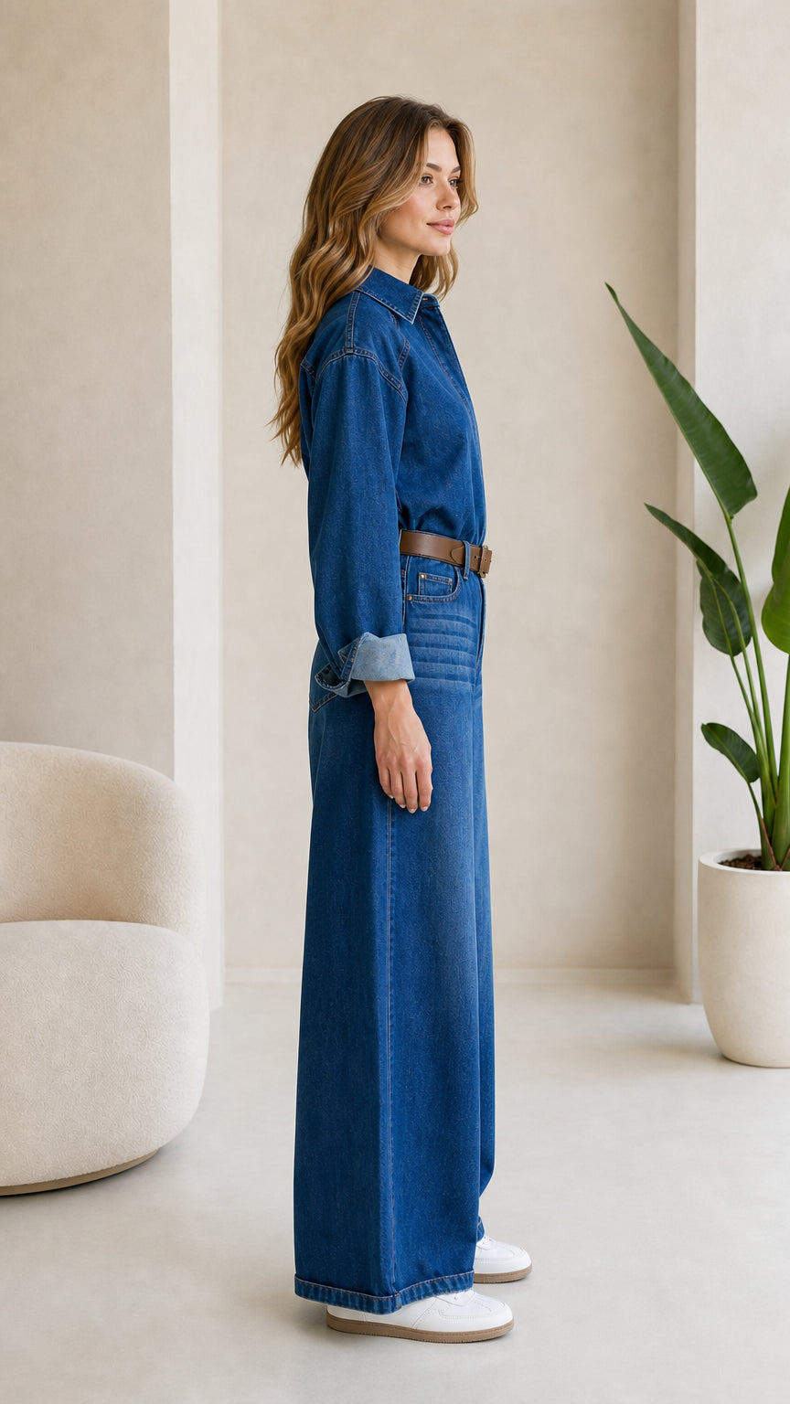 Side profile view of woman modeling Medium Blue long sleeve denim jumpsuit