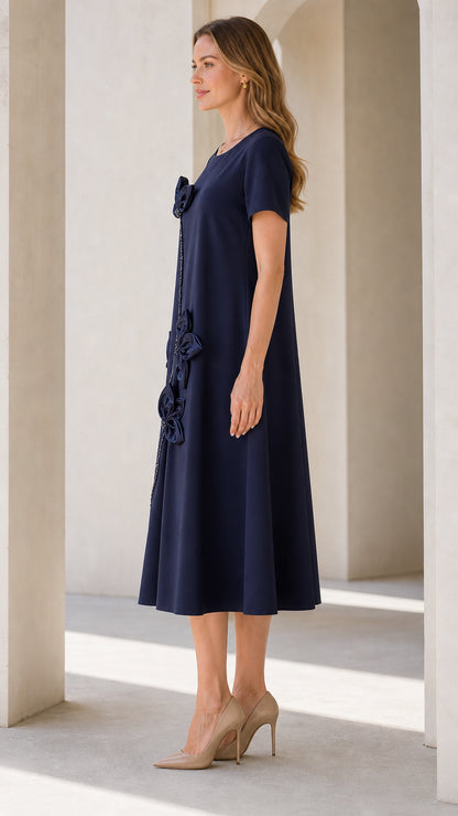 Side profile of Navy Blue floral applique midi dress