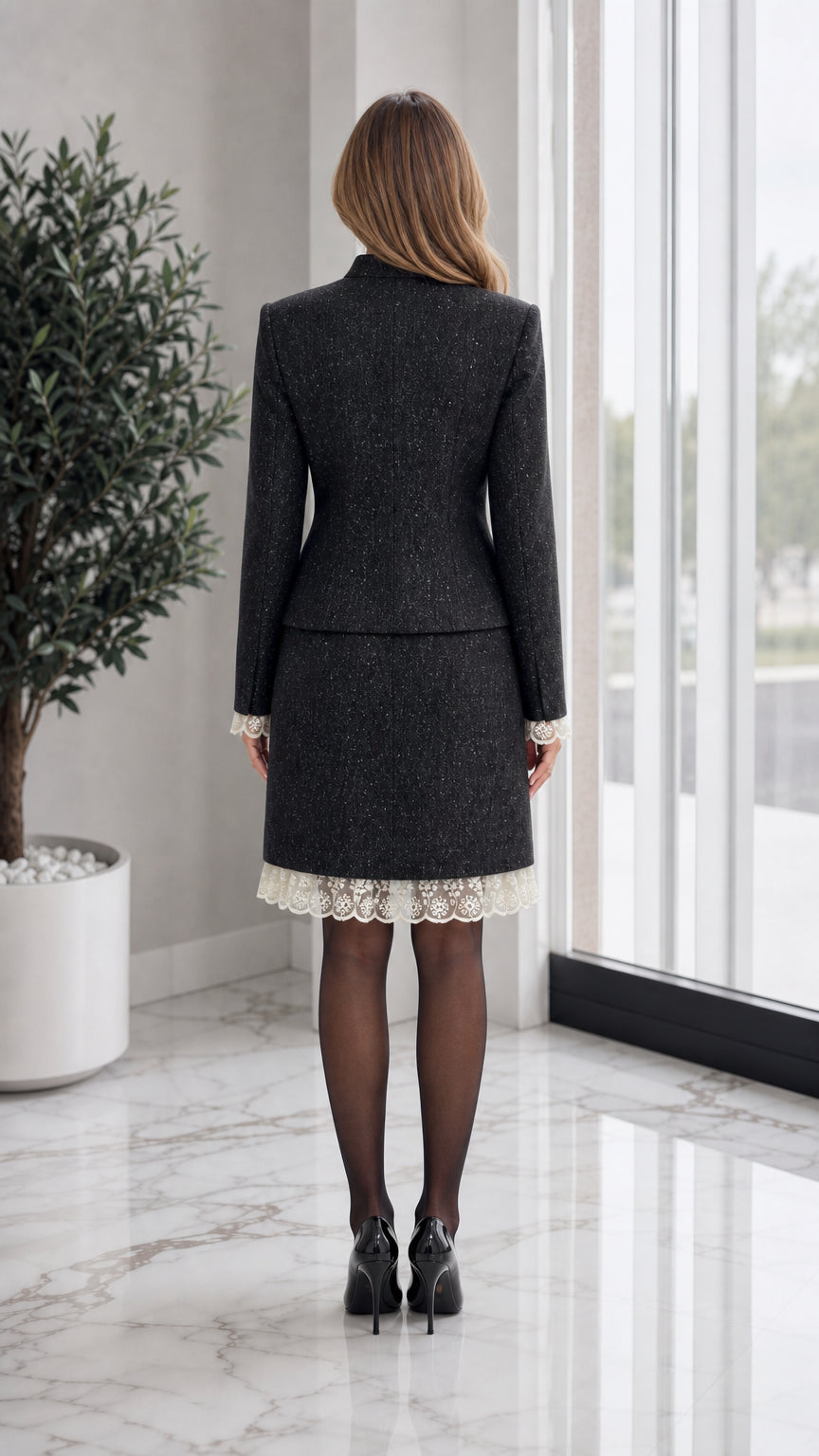 Back view of model in black tweed jacket and pencil skirt suit