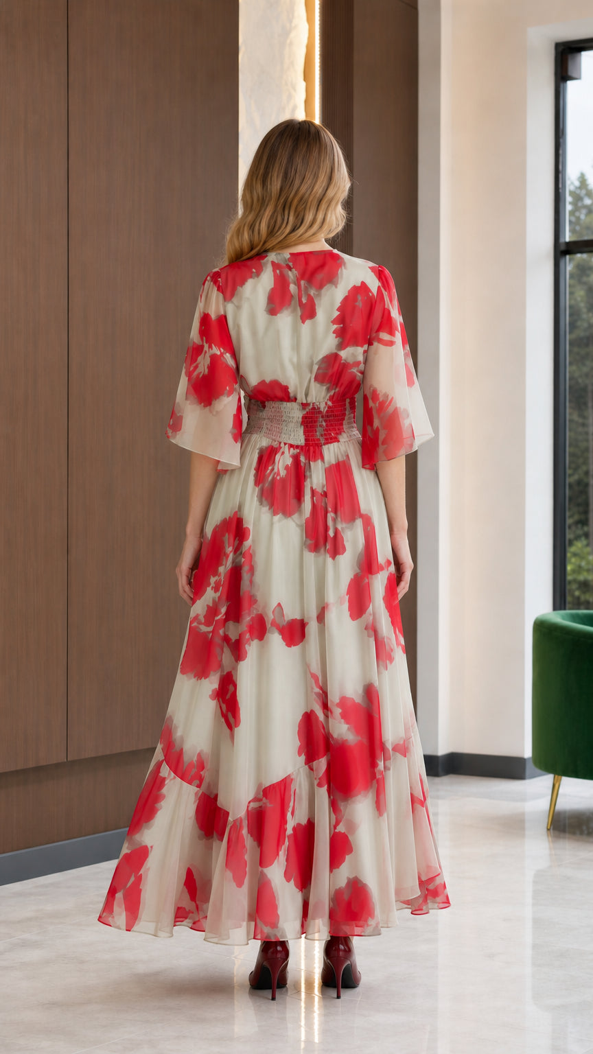 Back full-length view of Ivory floral chiffon maxi dress with flutter sleeves