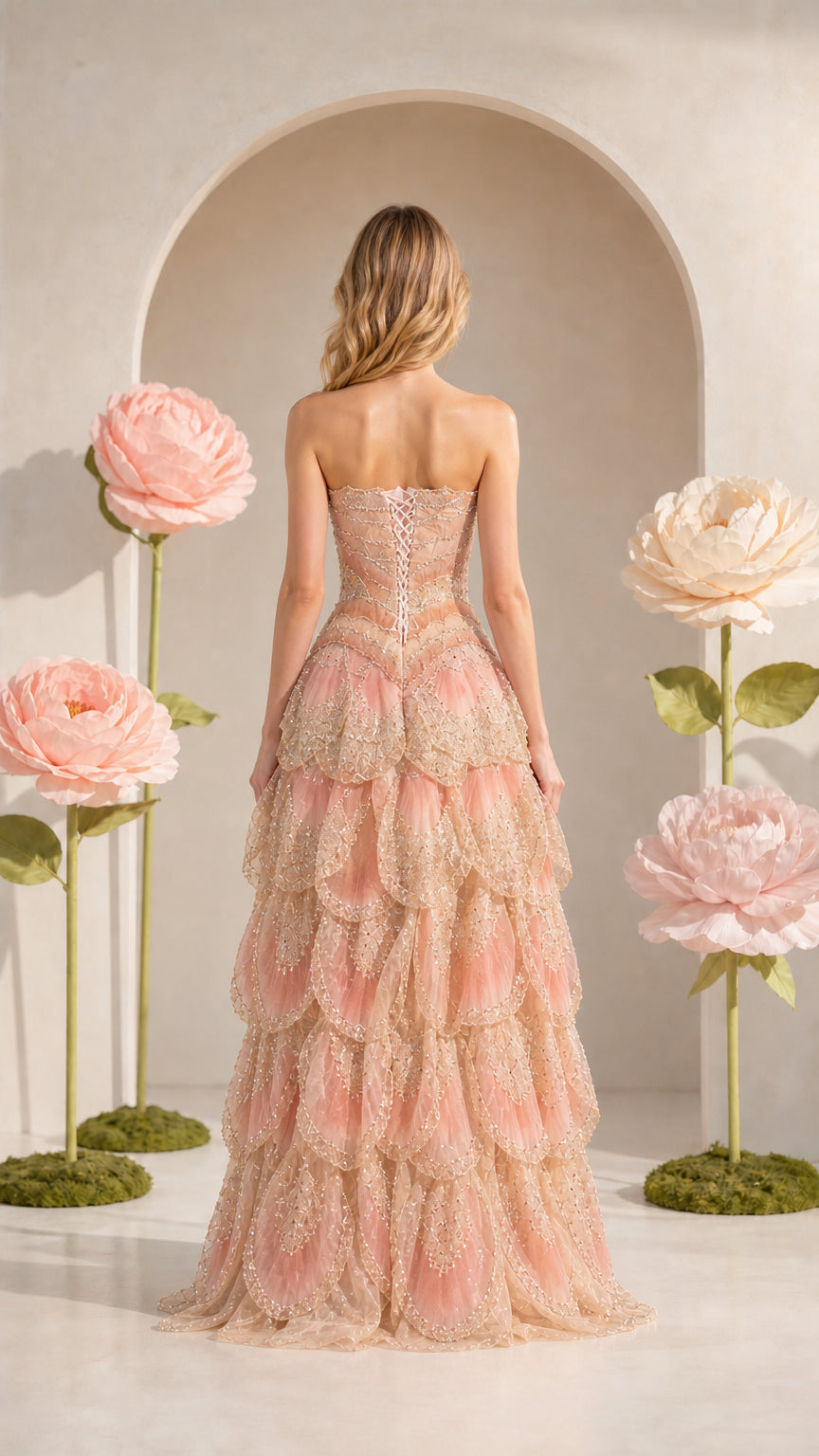 Back view of blush pink tiered evening gown showcasing the fitted bodice and flowing train