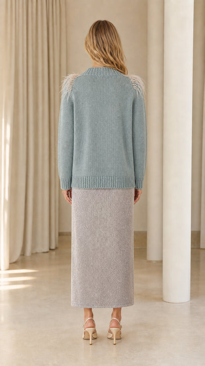 Back view of dusty blue knit cardigan sweater