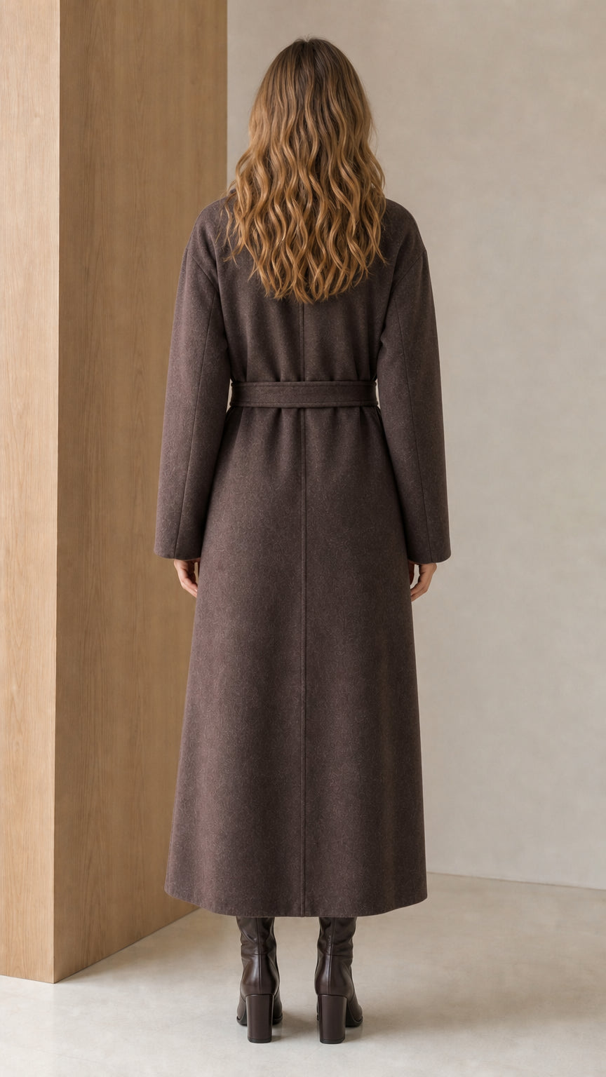 Back view of woman wearing Dark Brown maxi long coat with tie belt