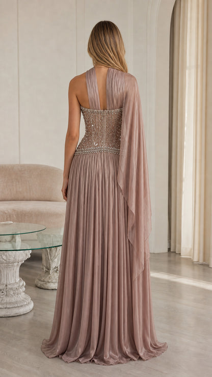 Back view of dusty mauve embellished corset formal dress with draped scarf