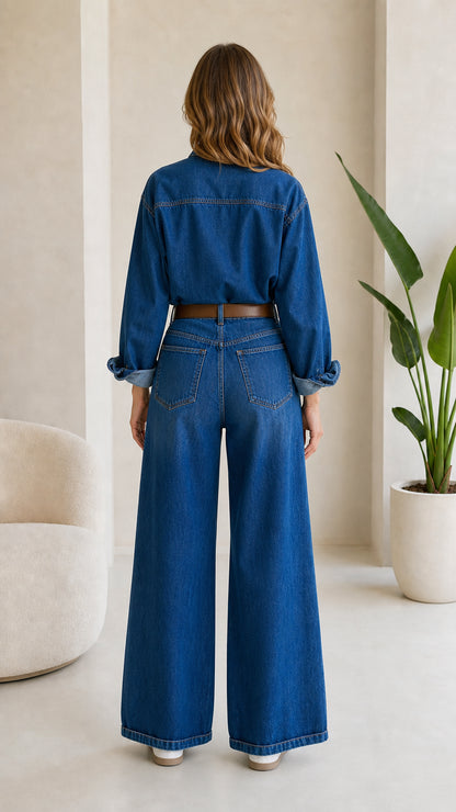 Back view of Medium Blue wide leg denim jumpsuit showing rear pockets