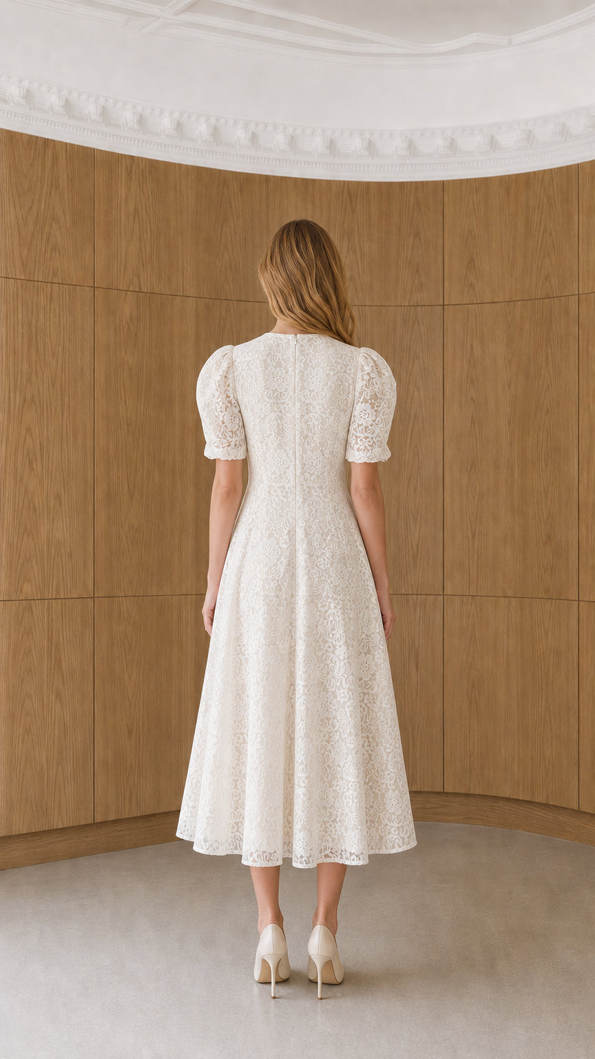 Back view of model wearing white floral lace puff sleeve midi dress