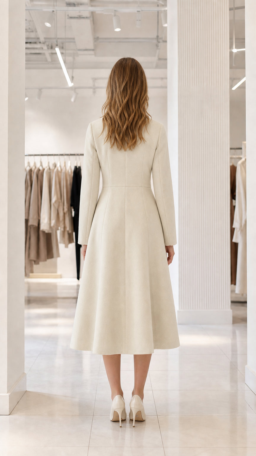 Cream fit-and-flare midi coat back view on model