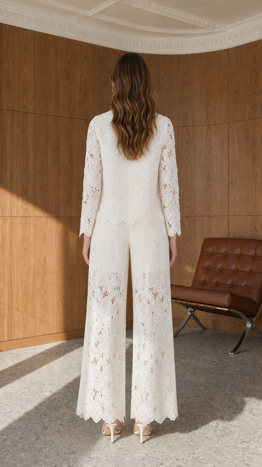 Back view of ivory floral lace matching long sleeve shirt and wide leg pants