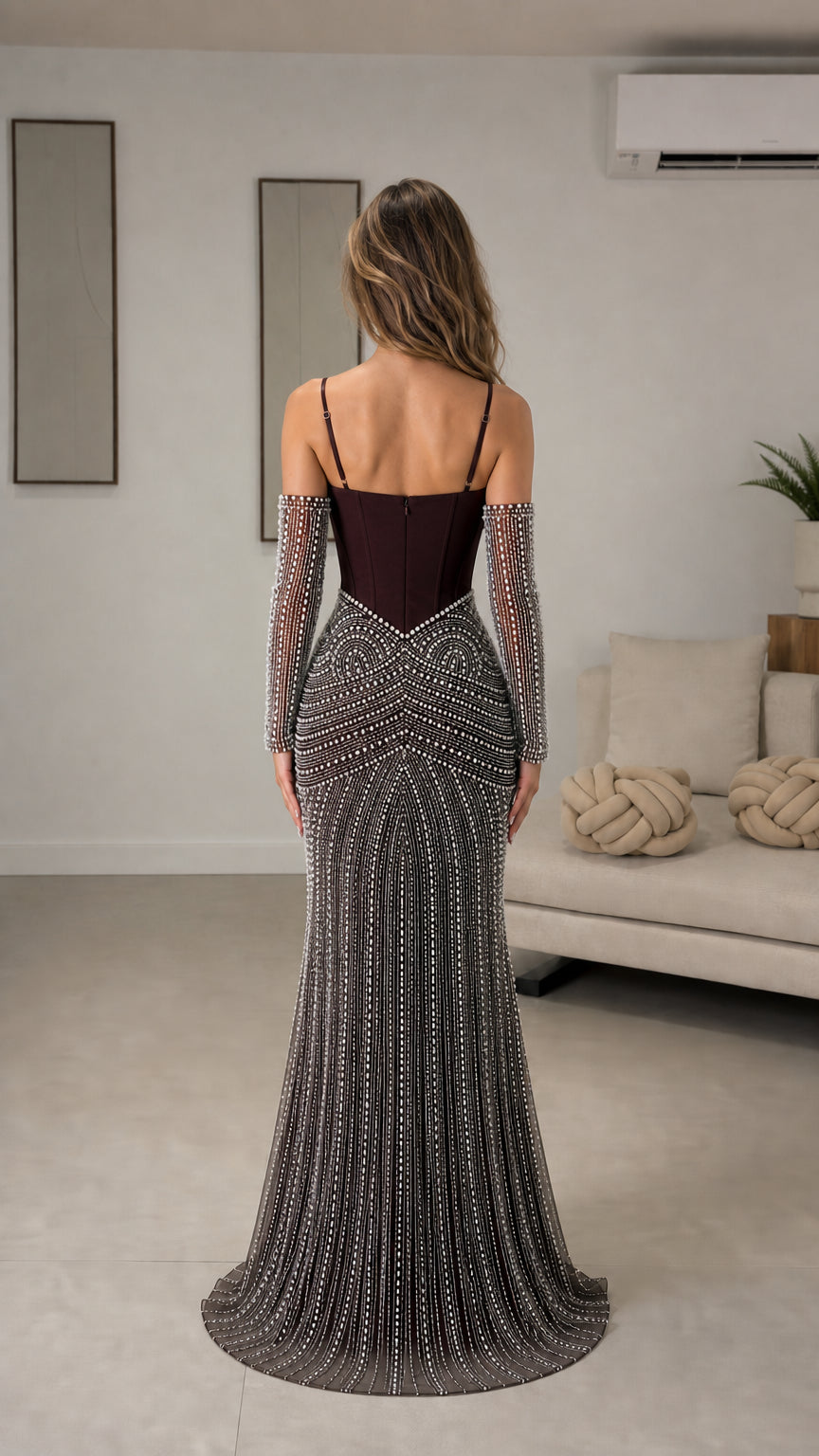 Burgundy corset evening maxi dress with open back and beaded mermaid skirt - Back view