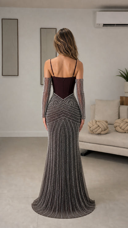 Burgundy corset evening maxi dress with open back and beaded mermaid skirt - Back view