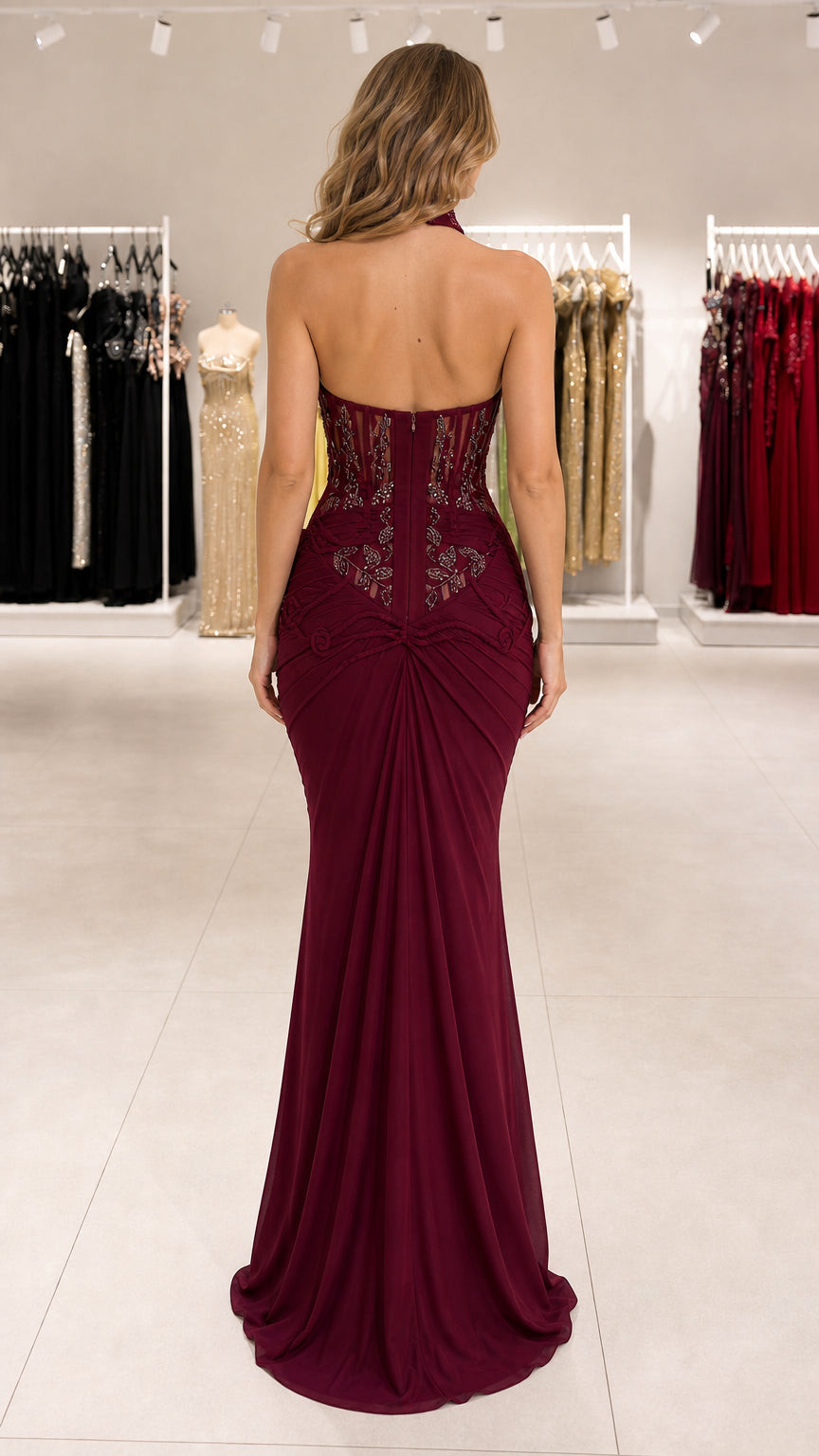Burgundy halter gown rear view showing open back detail