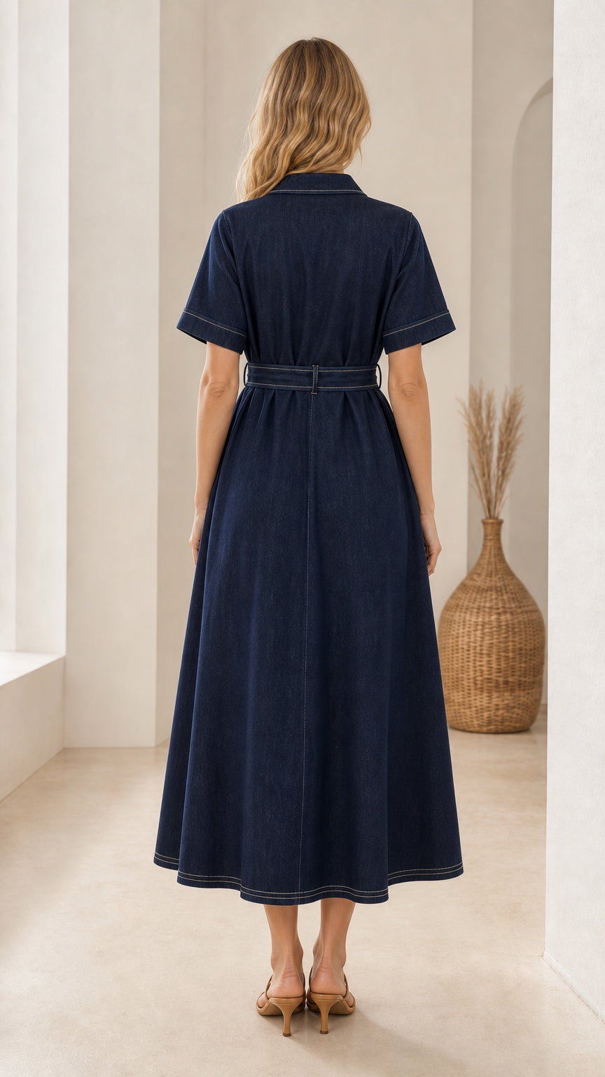 Back view of woman wearing dark blue collared midi shirt dress