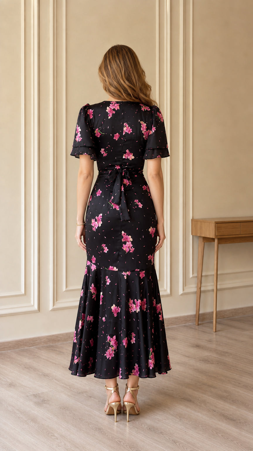 Back view of black floral midi dress highlighting waist tie ribbon