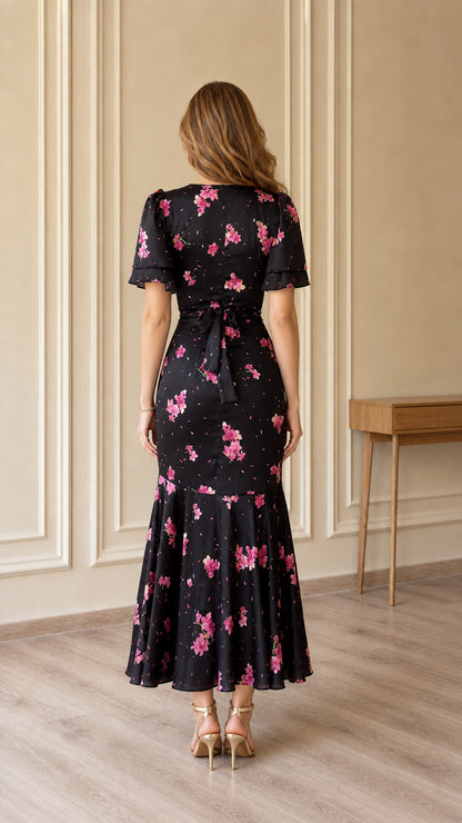 Back view of black floral midi dress highlighting waist tie ribbon